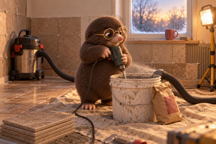 Seen from the side, Digby mixes mortar in the bucket with a drill and paddle, looking calm. A plain grey hood on the bucket's far rim connects by hose to the shop vac, and a thin wisp of dust bends into it.
