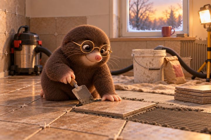 With the air clear, Digby kneels on the tiled floor and presses a tile into fresh mortar with a trowel, smiling. The bucket with its hood and hose sits behind him, and a frosted window shows a winter sunset.