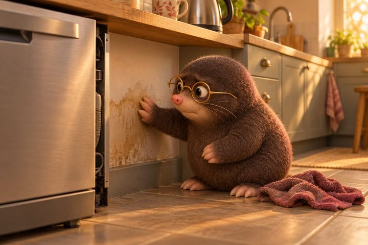 Digby kneels beside a dishwasher pulled out from under the counter and presses one paw flat on a brownish tide-mark stain low on the wall, brow furrowed. A damp towel is bunched on the floor beside him, and a kettle and mug sit on the counter.