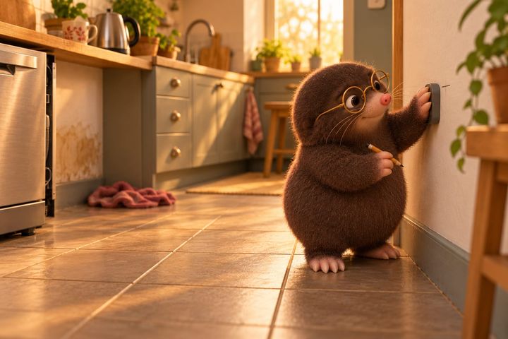Across the kitchen, Digby holds a small grey meter flat against a plain stretch of wall, a pencil in his other paw. The pulled-out dishwasher, the stain and the towel are soft in the background.