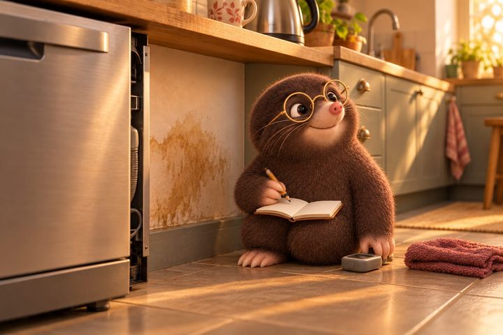 Digby sits back on his heels beside the same stain with a small notebook open on his knee, a pencil resting on it, and a quiet smile. The grey meter lies on the floor beside him, and the towel is folded to one side now.