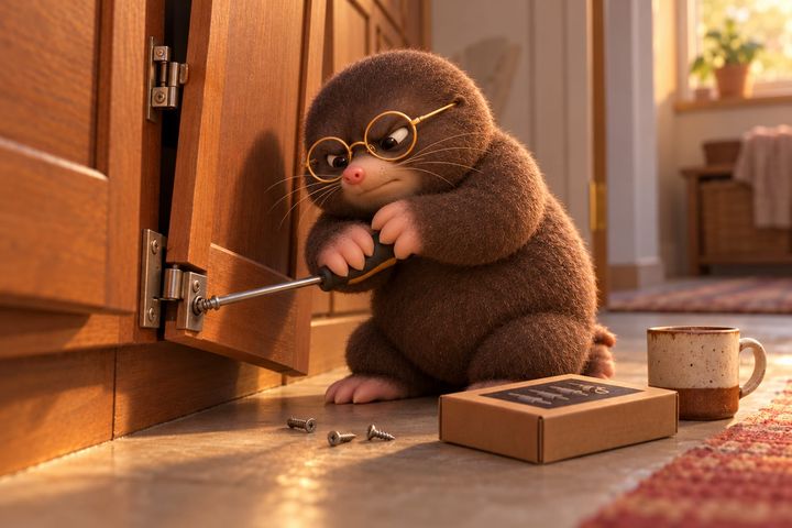 Digby kneels at a lower kitchen cabinet whose door hangs crooked off a loose hinge, leaning on a screwdriver pressed into a screw, his eyes narrowed. A box of screw-extractor bits, a few loose screws and a mug sit on the floor.