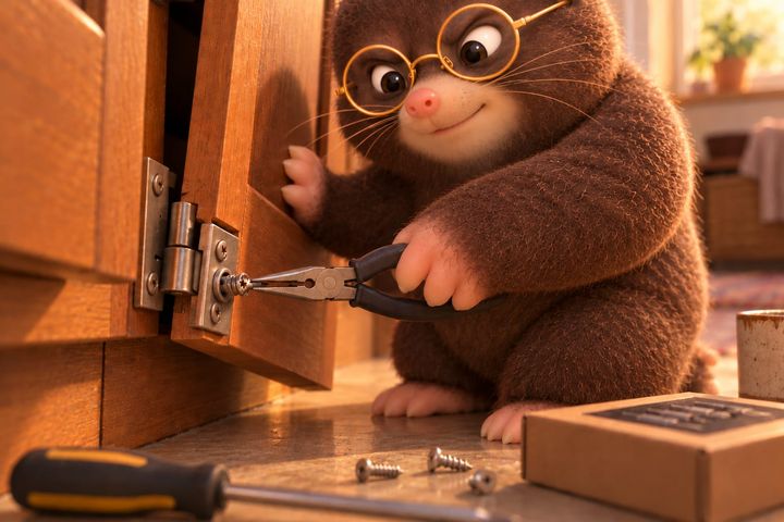 Close on the loose hinge: Digby grips the rounded head of the screw with a pair of slim-nosed pliers and smiles, his eyes on the screw. His other paw steadies the cabinet door, and the screwdriver lies on the floor.