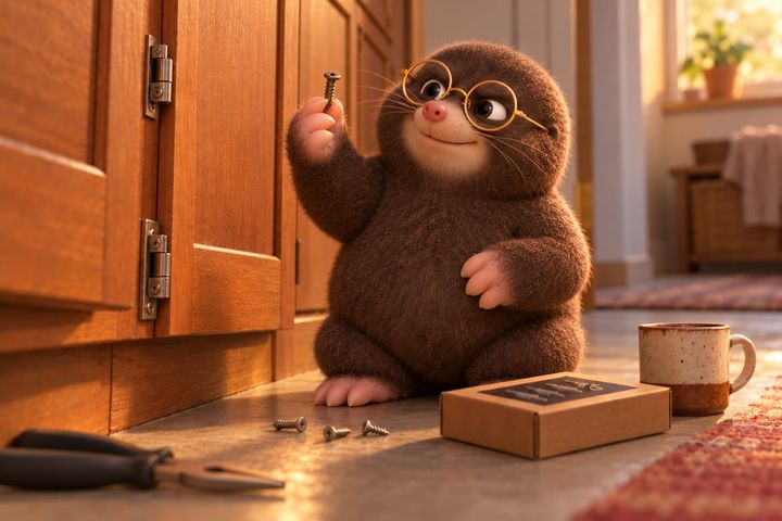 The cabinet door hangs square again. Digby sits back on his heels holding the ruined screw up between two fingers, smiling, with the pliers half out of frame on the left and the extractor box still unopened beside him.