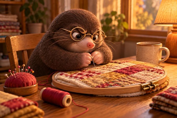 Digby sits at a sewing table by a window, both paws pinching the tip of a needle stuck halfway through a patchwork quilt in a wooden embroidery hoop, his mouth pressed tight with effort. A pincushion, a spool of thread and a mug of tea sit nearby.