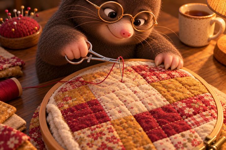 Seen from above, Digby sits relaxed at the quilt hoop with a faint smile. A small scissor-handled clamp in one paw holds the needle's tip and draws it up out of the layers, red thread following, while his other paw rests on the hoop's rim.
