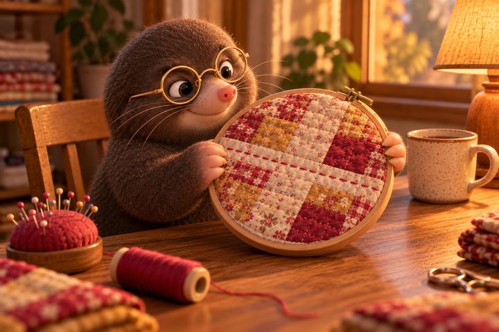 Digby holds the embroidery hoop up toward the lamp, smiling at a clean run of even stitches across the patchwork. The clamp lies half out of frame at the right edge of the table, with the pincushion, spool and mug where they were.