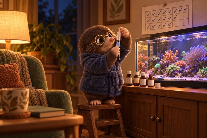 Digby in a dressing gown at midnight, up on a step stool beside his reef tank and squinting at a dosing syringe, a row of supplement bottles on the cabinet and a wall chart with the last few days unticked.