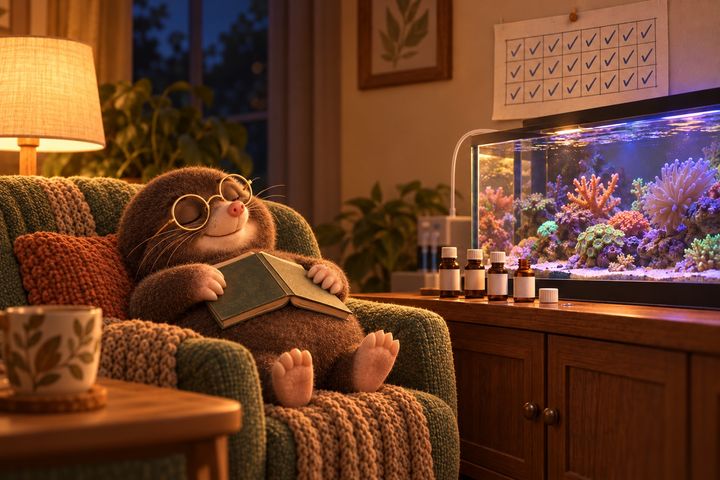 Digby asleep in the armchair with a book on his chest, the reef tank glowing beside him, the bottles lined up neatly on the cabinet and every box on the wall chart ticked.
