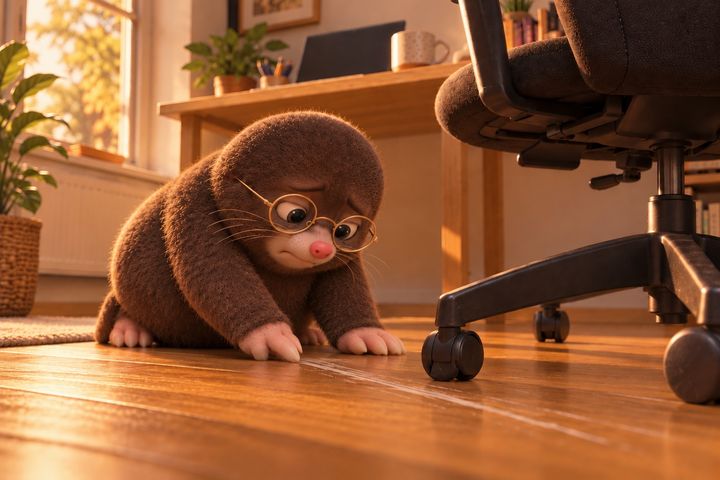 Digby kneels on a hardwood floor beside his office chair, brow furrowed, one paw on a pale scuff mark where a plastic caster sits.