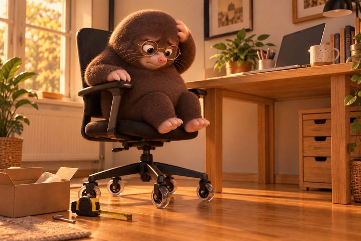 Digby sits in his office chair on its new wheels, feet dangling above the floor, scratching his head, with a tape measure and an empty box beside him.