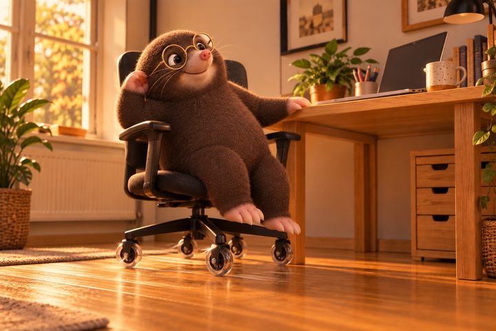 Digby leans back in his chair on its new wheels, one paw resting on the desk, smiling to himself.