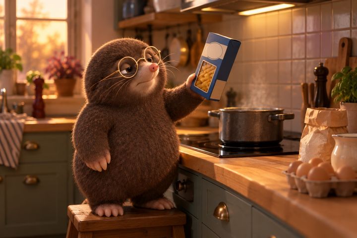 Digby stands at his stove holding a box of dried pasta at arm's length, eyes half closed, while a pot of water waits behind him.