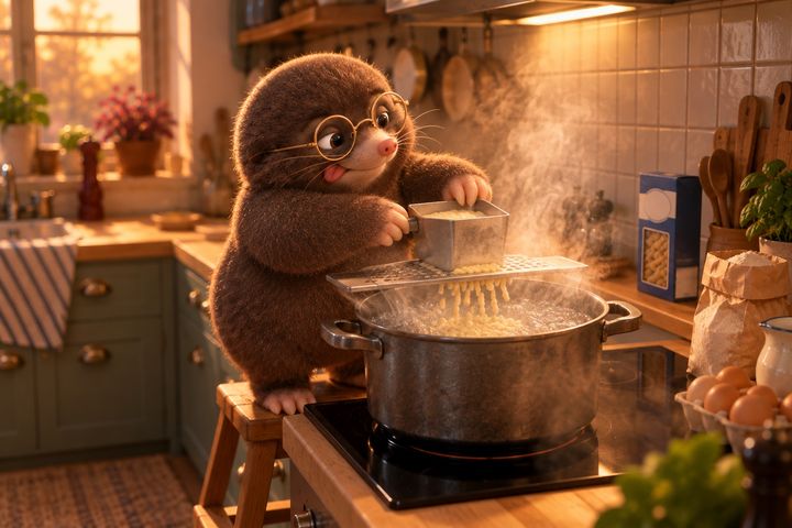 A wider view of Digby's kitchen: he slides a small hopper back and forth over a steaming pot, and short pale noodles drop through the plate into the water.