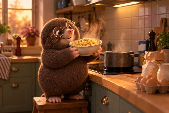 Digby at the same stove, grinning over a bowl of golden buttered noodles, with the pasta box pushed to the back of the counter.