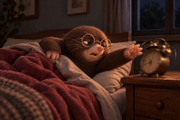 Digby the mole jolts upright in a dark bedroom, one paw flailing toward a clattering twin-bell alarm clock on the nightstand, blanket sliding off the bed.