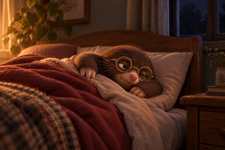 Digby lies half awake under the blanket, one eye open, as warm amber light creeps into the dark bedroom from somewhere past the edge of the frame.
