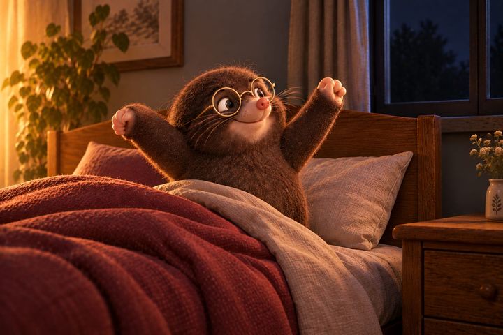 Digby sits up mid-stretch with his glasses on, properly awake and pleased about it, the bedroom full of warm sunrise light while the window behind him is still dark.