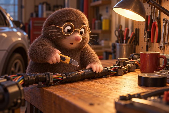 Digby at a garage workbench under a lamp, a utility knife in one paw and a taped wiring harness under the other, staring at the slit he's just cut where the colored wires show through.