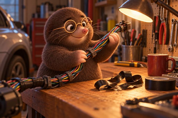 The same bench from the same angle: Digby holds the bare harness up to the lamp with a small smile, the wires whole, the old tape in a loose curl on the bench and the knife set aside by the mug.