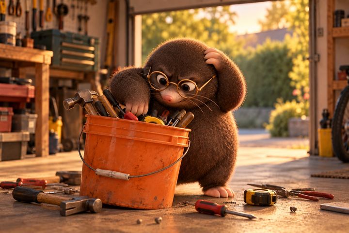 Digby frowns into an overfull orange bucket of tools in his garage, one paw rummaging and the other scratching his head.