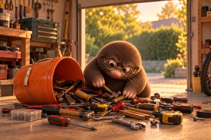 Digby has tipped the whole bucket out on the garage floor and scowls at the heap, still hunting for the one tool he wanted.