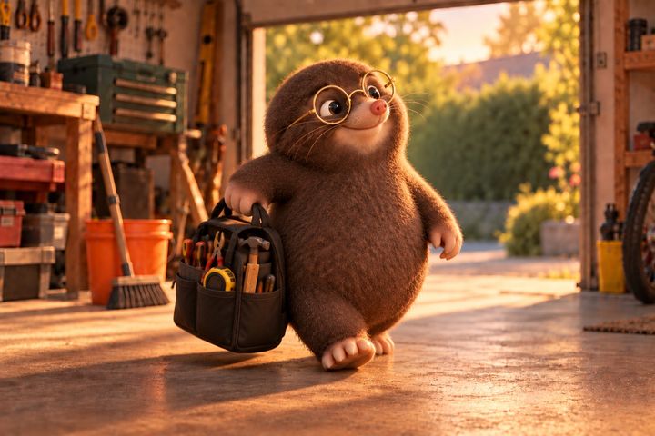 Digby strolls through his garage with one black tool bag in his paw and every tool upright in its own pocket, while the empty bucket holds a broom.