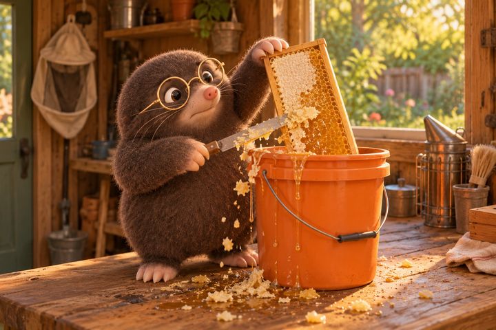 Digby at his shed workbench, trying to balance a frame of capped honeycomb on the rim of an orange bucket as it tips, with wax and honey landing on the bench instead.