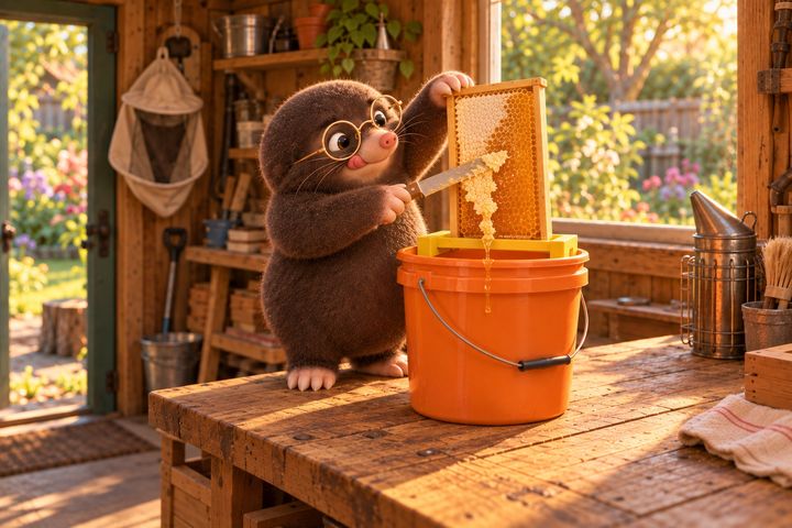 A wider view of the shed: an orange bucket on the bench with a frame standing on a mount across its rim, and Digby drawing a knife down the comb as the wax drops in.