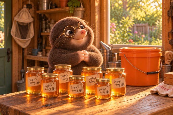Digby at the same bench, grinning behind a row of filled honey jars, with the lidded bucket beside him.