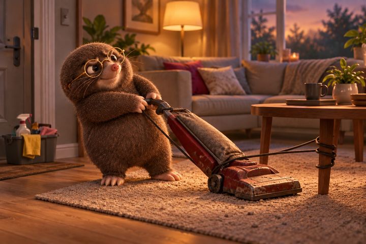 Digby in a client's living room at dusk, pushing a battered upright vacuum whose cord has snagged round the leg of the coffee table.