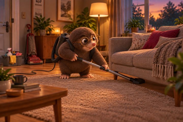 A wider view of the same living room: Digby wears a dark backpack vacuum, mostly hidden behind him, and reaches a single wand under the sofa while the cord trails free behind him.
