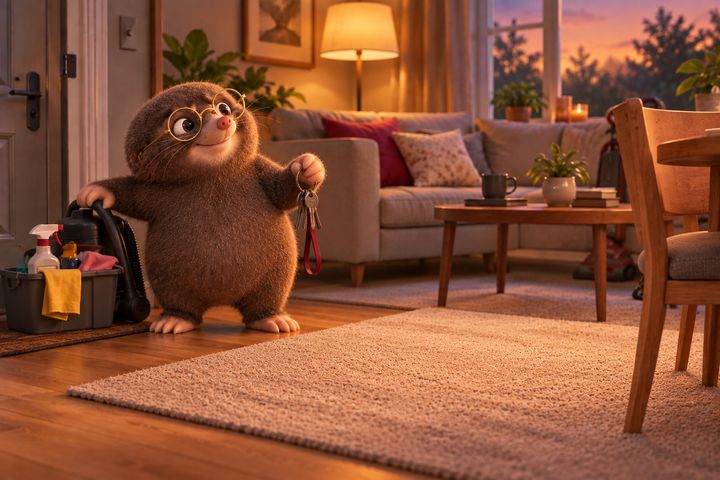 The same living room from the same angle, tidy and lamp-lit, with Digby by the door setting the backpack down beside his supply caddy, grinning, and the old upright pushed into a corner.
