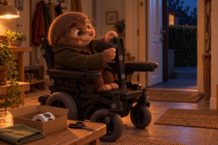Digby sits in his power chair in the hallway, pressing small round reflective stickers onto the frame, with a roll of them and a pair of scissors on the bench beside him.