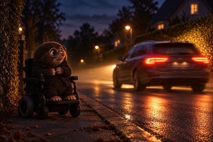 Digby sits in a dark power chair at a suburban kerb at dusk, clutching his coat and watching a car drive off down the road without having seen him.