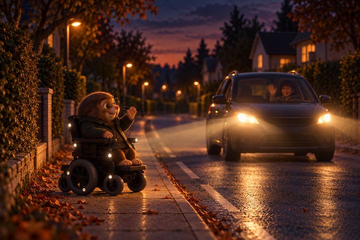The same street a little later: the car's headlights pick out small bright dots along Digby's chair, and he and the driver wave at each other.