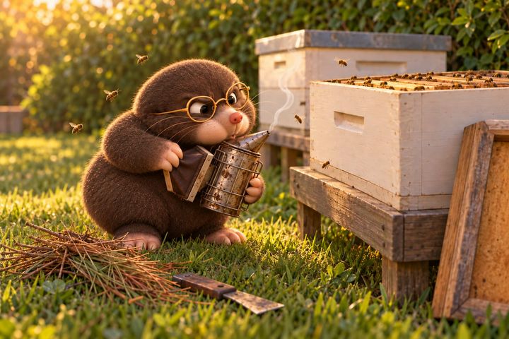 Beside an open hive in late sun, Digby leans in with puffed cheeks over a small dented tin smoker. One thin curl of smoke rises from its spout, and a few bees circle him.