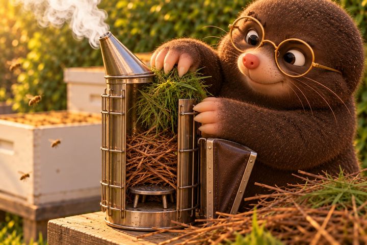 Close on Digby's paws setting a loose ball of green grass on the pine needles packed into a tall, narrow stainless smoker. The guard is cut away to show the fuel and the small disk on three legs at the bottom, and white smoke curls from the spout as he looks on, quietly pleased.