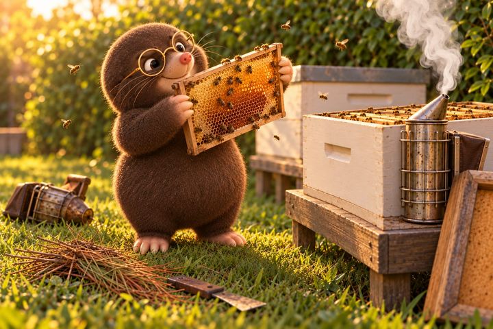 Digby holds a honeycomb frame up with a calm look as a few bees drift around him. The tall smoker on the hive stand sends up a steady white plume, and the dented one lies forgotten in the grass.