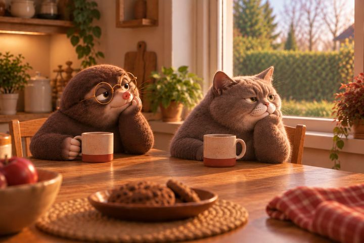 Digby and a plump grey cat slumped at the kitchen table over two mugs, staring at each other with identical expressions of boredom, the garden beyond the window empty.