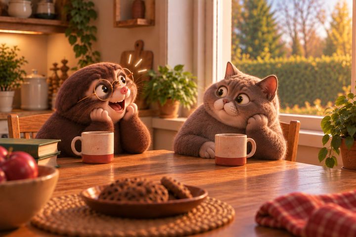Digby's face lights up with an idea at the same kitchen table, and the cat raises its head from its paws, ears forward, suddenly curious.