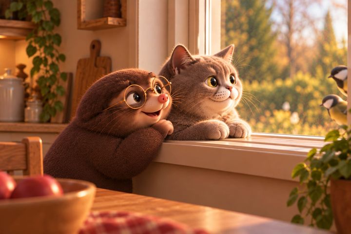Digby and the cat lean on the windowsill together, both beaming, as two small birds land just outside the glass at the edge of the frame.