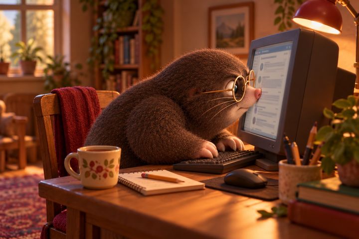 Digby the mole leans so close to an old computer monitor full of forum posts that his nose is pressed against the screen and his round glasses almost touch the glass. A mug of tea and a notepad sit beside him on the desk.